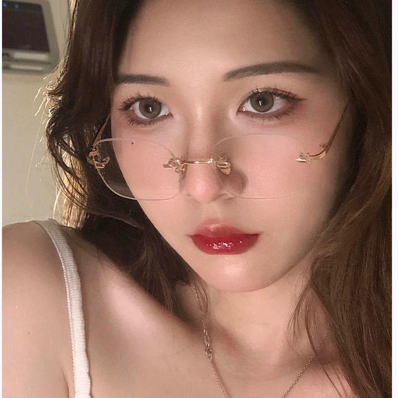 Ultra-light rimless glasses for women with myopia Korean style pure lust style high-end flat mirror resin lenses