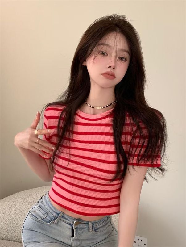 春夏港風甜美百搭修身顯瘦粉色條紋墊肩短袖T恤ins短款上衣