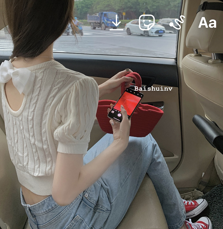 白水女 蝴蝶結短袖毛針織衫女夏修身顯瘦設計感小眾鏤空短款上衣