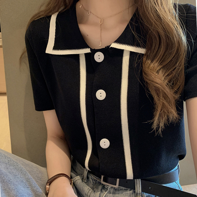 奧朵芬夏季新款polo領冰絲針織短袖t恤女ins潮寬鬆內搭打底衫上衣