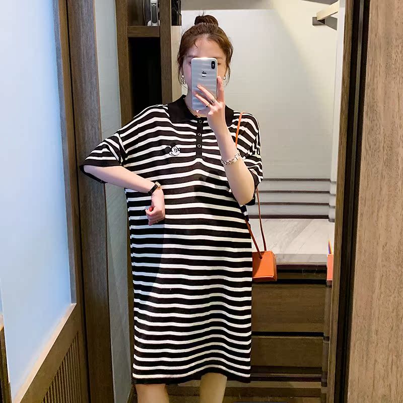 孕婦裝夏裝連衣裙夏款夏季套裝大碼短袖polo領條紋t恤裙夏天裙子