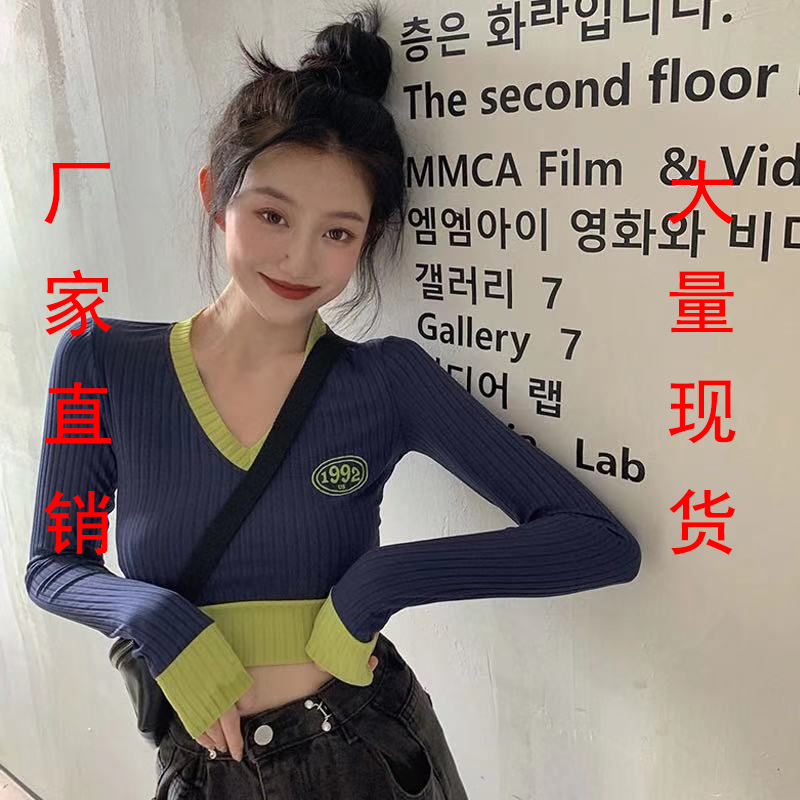 拼色v領短款針織毛衣女秋季緊身長袖套頭打底衫2024新款內搭上衣