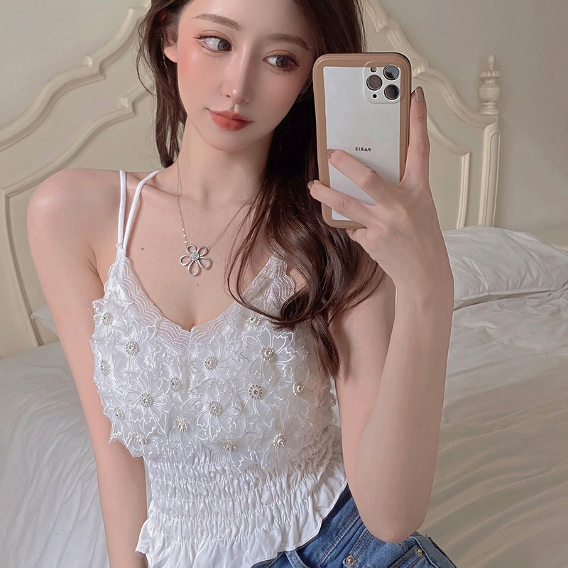 實拍早春鑲鑽立體花朵裹胸美背短款v領吊帶修身背心