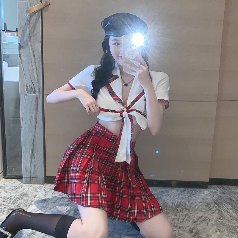 實拍學院風翻領短款短袖系蝴蝶結襯衫上衣半身格子百褶短裙兩件套
