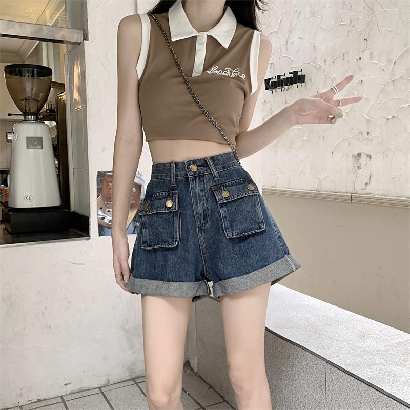實拍工裝牛仔短褲女夏季2024新款小個子高腰顯瘦寬鬆闊腿a字熱褲