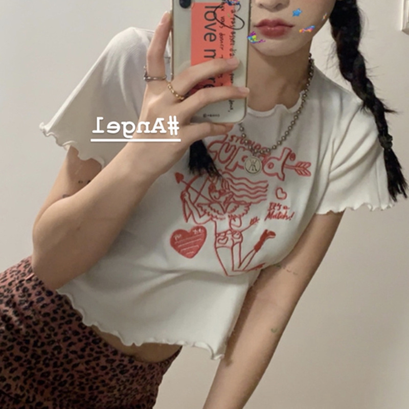 刺繡白色短袖T恤女夏季新款韓版露臍短款學生 上衣潮