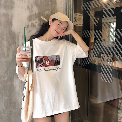 短袖T恤女夏季韩版复古原宿风卡通中长款宽松学生ins潮大码上衣服