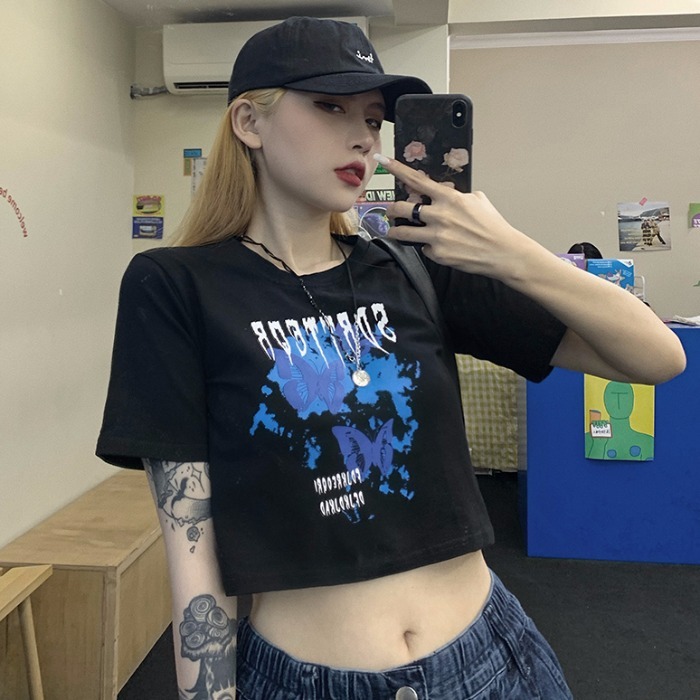 2024夏季新款韓版ins復古蝴蝶印花短款露臍上衣修身短袖T恤女潮