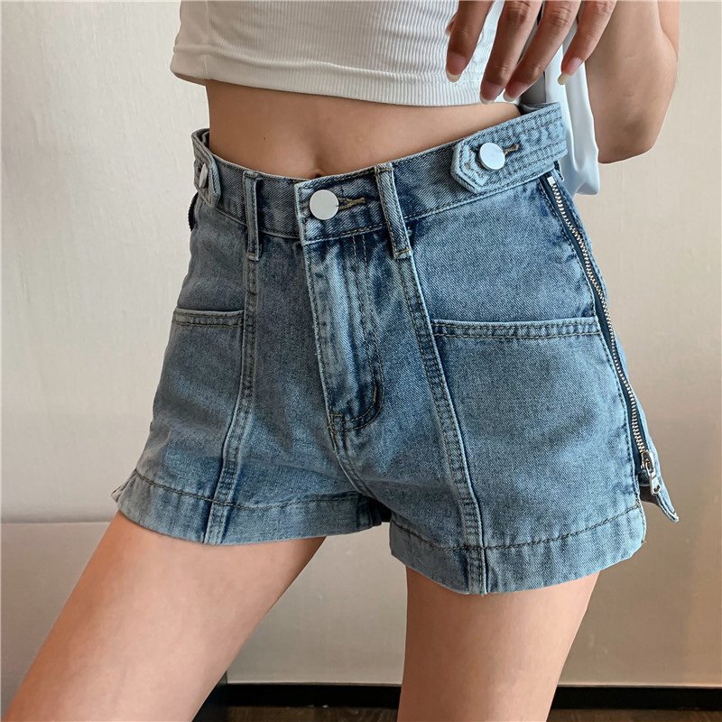 實拍 新品顯瘦百搭熱褲兩側拉鏈高腰直筒短牛仔褲女