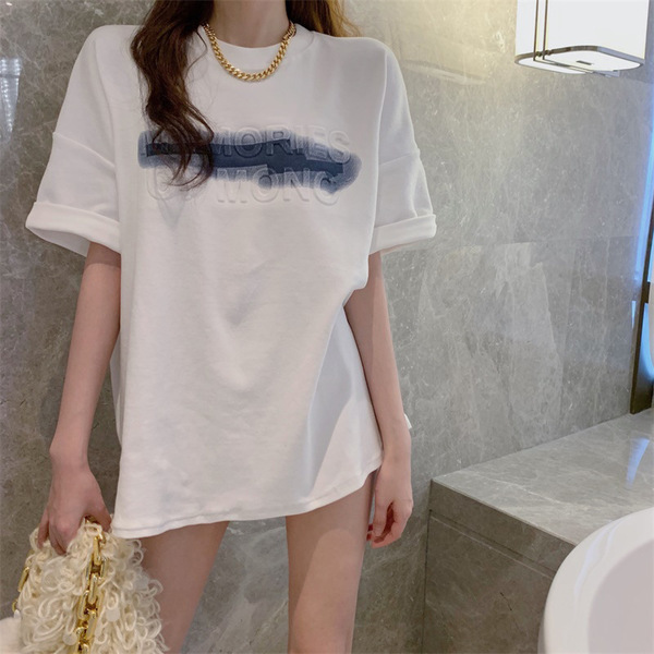 夏季新款白色T恤女中長款寬鬆韓版短袖上衣女發泡立體印花潮