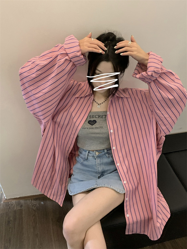 實拍~設計感條紋襯衫女新款寬鬆韓版防曬薄款上衣