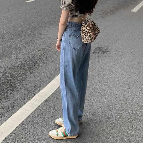Actual shot of hollow waist exposed love pocket bombshell street jeans for women with high waist and slimming wide legs dad pants