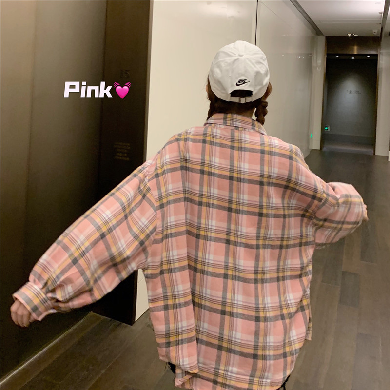 Actual shot of pink plaid shirt jacket for women in spring and autumn new style lazy style long-sleeved shirt design niche top