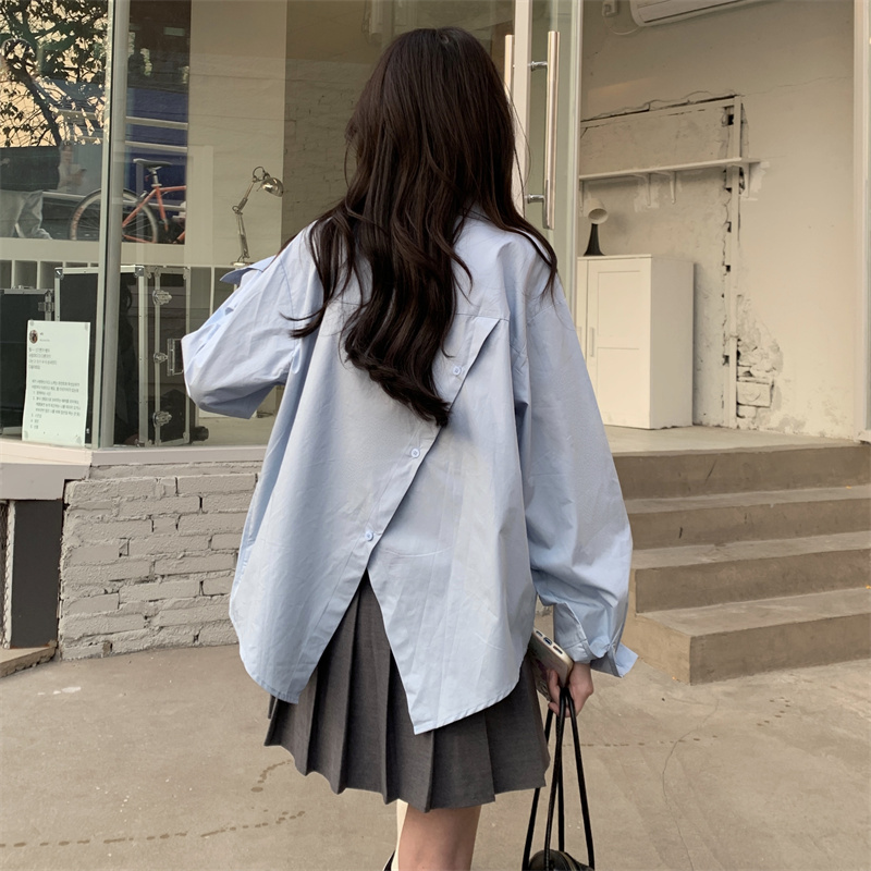 Designed irregular back slit white shirt spring women's chic shirt niche Korean style bottoming top