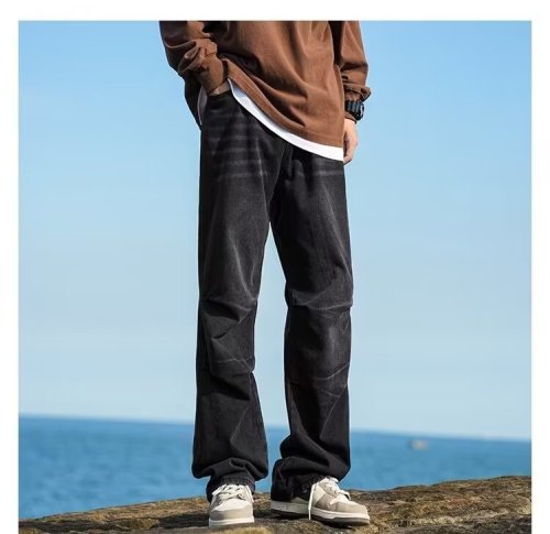 American black all-match washed pleated jeans hiphop harem casual high street pants men's trendy trousers