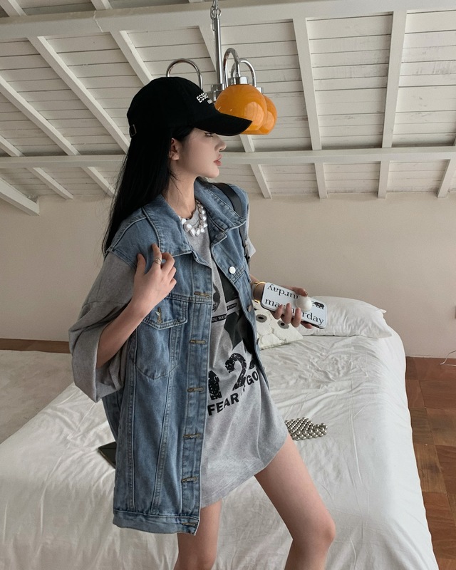 實拍 韓版bf風復古寬鬆牛仔馬甲寬鬆印花短袖t恤女