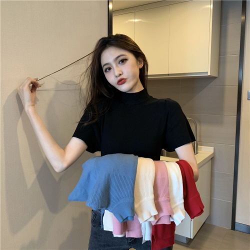 Real shot of retro half-collar flying sleeve knitted slim bottoming shirt short-sleeved knitted top