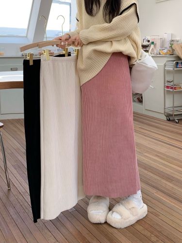 Corduroy A-line skirt for women autumn and winter 2023 fat MM elastic high-waist straight skirt slimming long skirt solid color