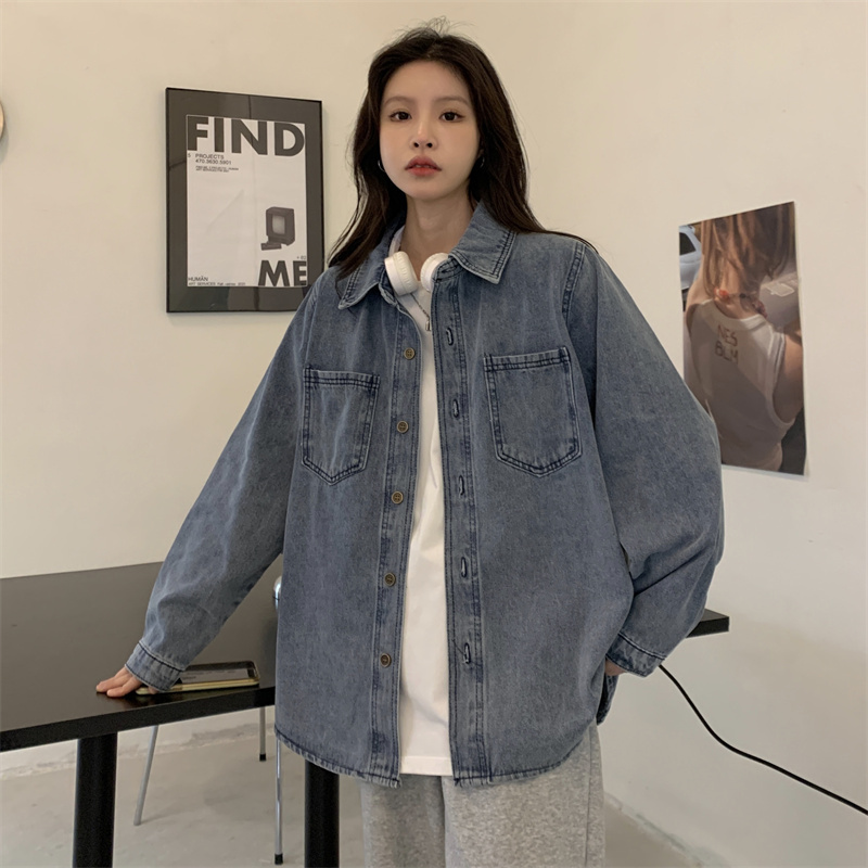 Spring and autumn new design niche retro Hong Kong style blue long-sleeved denim jacket for women Korean style casual simple jacket