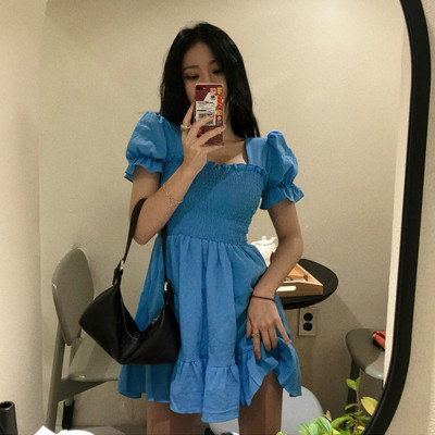 優質  甜美小俏妞木耳邊方領褶皺荷葉邊連衣裙