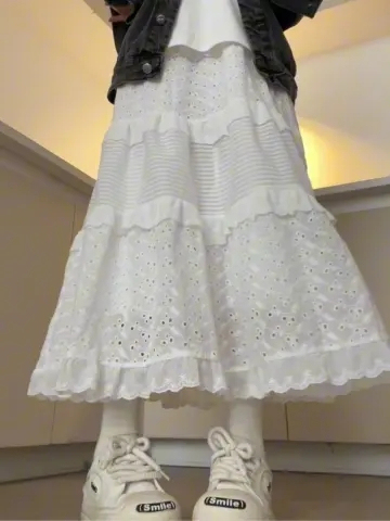 [Lined] Three-dimensional hollow crochet skirt for women spring new Korean style high-waist slim A-line umbrella skirt