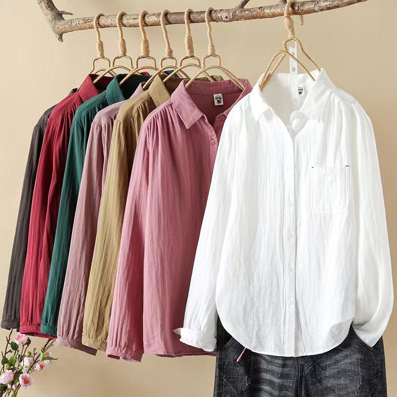 Autumn and winter cotton gauze shirt 2023 new style middle-aged women versatile age-reducing tops temperament cardigan shirt solid color women 8362