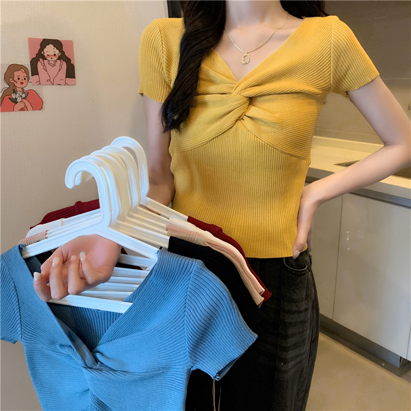 實拍v領修身百搭打底針2024夏季新款網紅純色織衫短袖t恤女