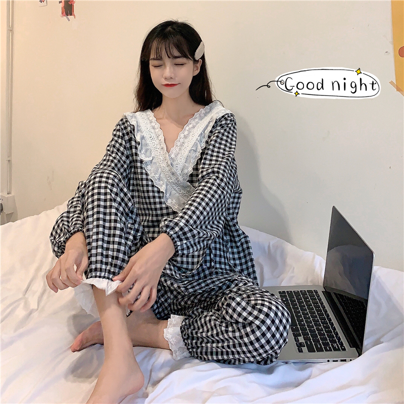 實拍~韓版時尚甜美蕾絲花邊拼接格子系帶寬鬆睡衣套裝家居服