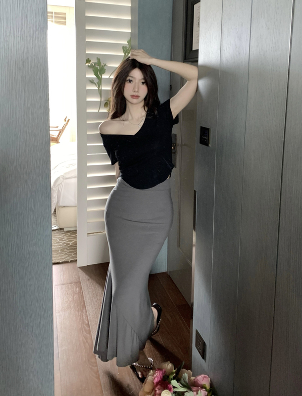 實拍  絕美S曲線溫柔高腰顯瘦魚尾半身裙