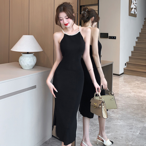 French pearl halterneck dress for women summer ice silk knitted suspender skirt Yujie sexy slit black hip skirt