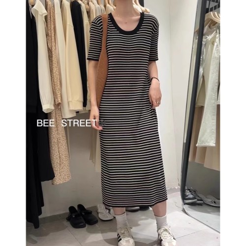 Black dress for women summer new style pullover mid-length striped loose t-shirt dress for petite women