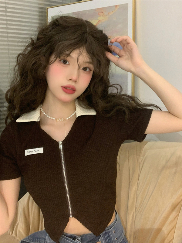 甜辣妹小眾拼接短款拉鏈上衣女夏季修身露臍短袖設計感針織T恤潮
