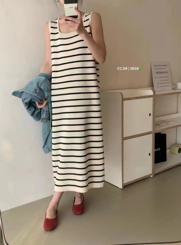 Square neck loose mid-length striped ice silk knitted dress for women in summer