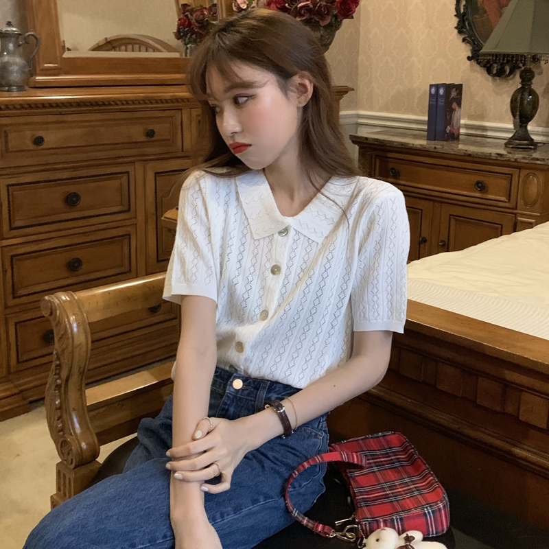 法式短款上衣針織開衫女薄款純白色polo領鏤空設計感修身百搭清純