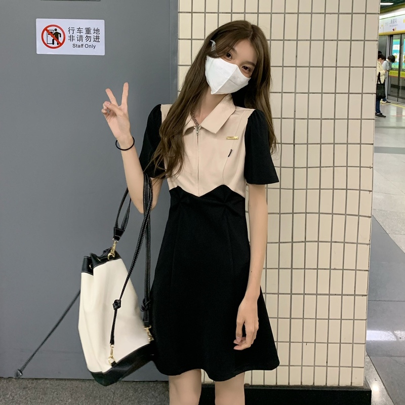polo領連衣裙女夏季2024新款撞色拼接收腰顯瘦設計感短袖A字裙子