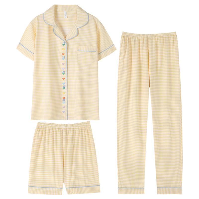 New Dopamine girls pure cotton pajamas three-piece summer high-end plaid large size can be worn outside home clothes