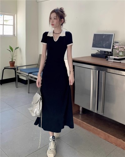 Black Lapel Short Sleeve Dress Women's 2024 New Slim Fit Long Skirt Summer Hot Girl A-Line Skirt