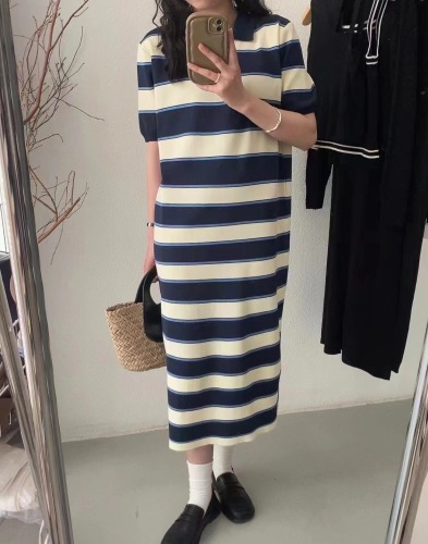 Loose ice silk knitted long knee-length striped contrast dress