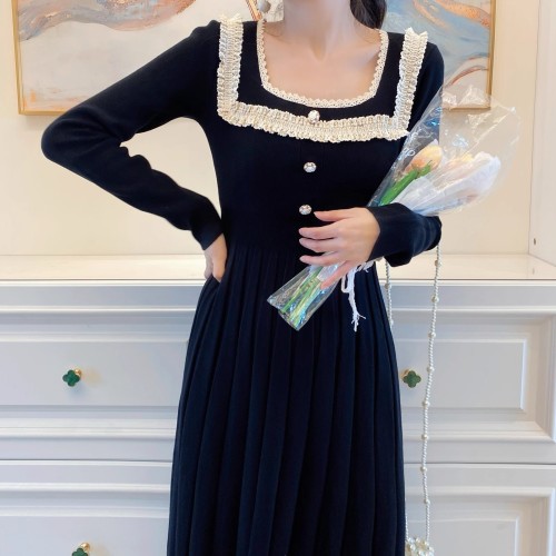 AiLin Chen Ailin knitted dress women's gentle palace style long skirt with waist and bottoming slim square collar inner skirt