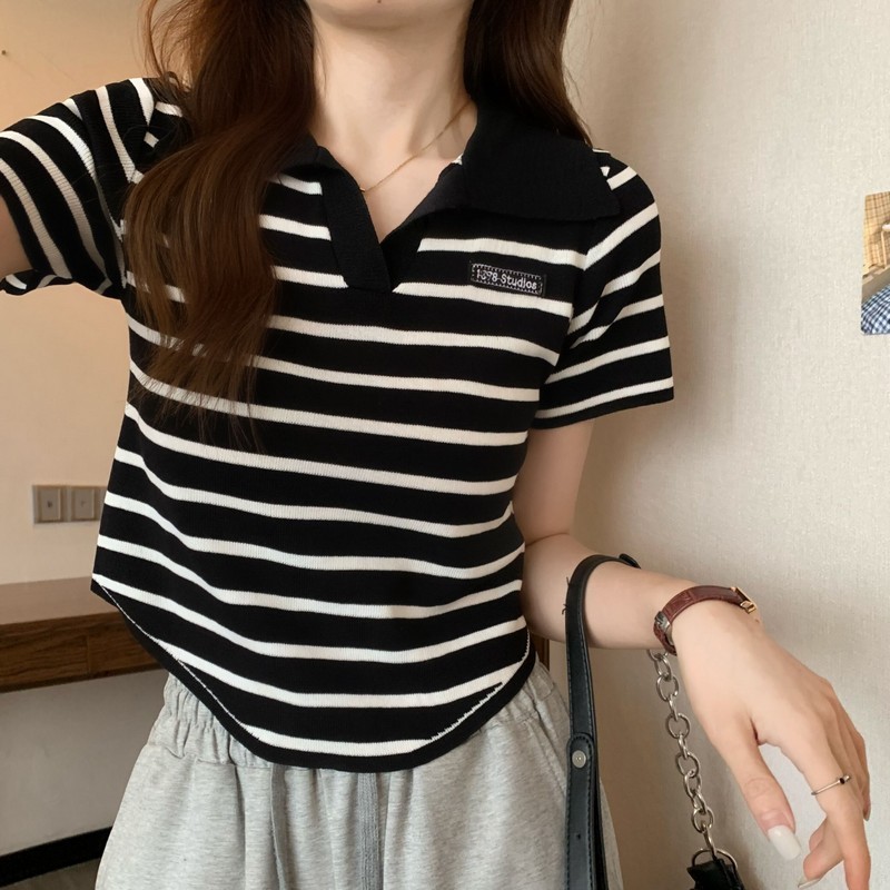 polo領條紋短袖正肩t恤女2024年新款夏季韓版設計感小眾短款上衣