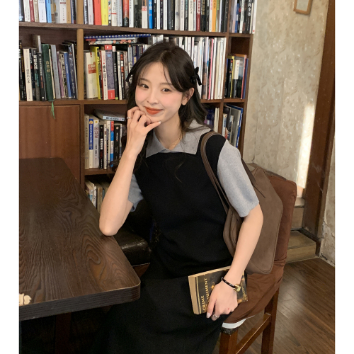 Lu Xiao Tuantuan lapel short-sleeved knitted fake two-piece dress for women 2024 spring new tea style dress