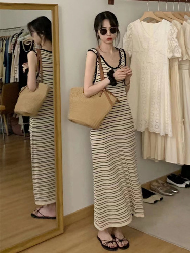 French Striped Vest Dress 2024 Women's New Summer Sleeveless High-Quality Small Long Skirt