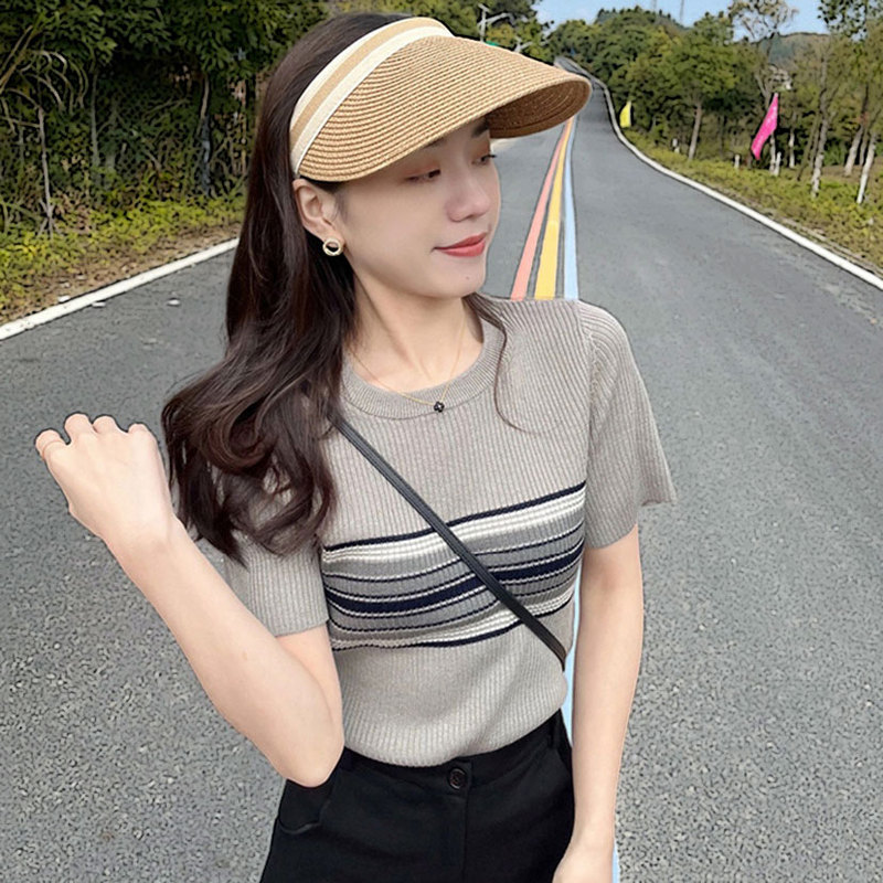 小個子撞色短袖針織衫女2024夏季新款設計感別致條紋洋氣簡約上衣