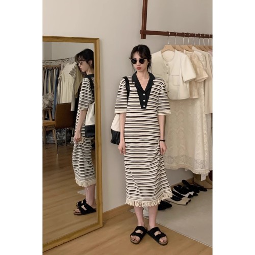 BRIVIN beige French tassel dress women's striped summer 2024 new straight slim V-neck long skirt