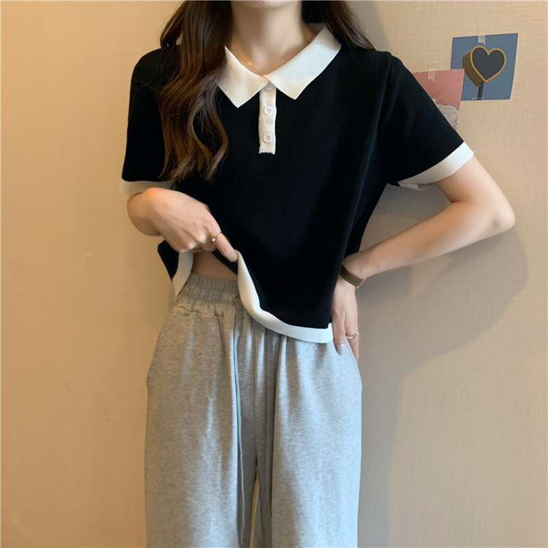 女裝針織短袖正肩t恤女胖妹妹法式設計感polo領短款顯瘦上衣