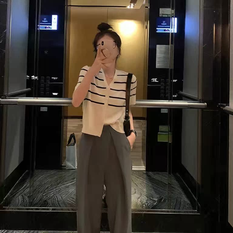 官方圖2024年韓版新款薄款日常休閒條紋顯瘦百搭別致針織短袖開衫