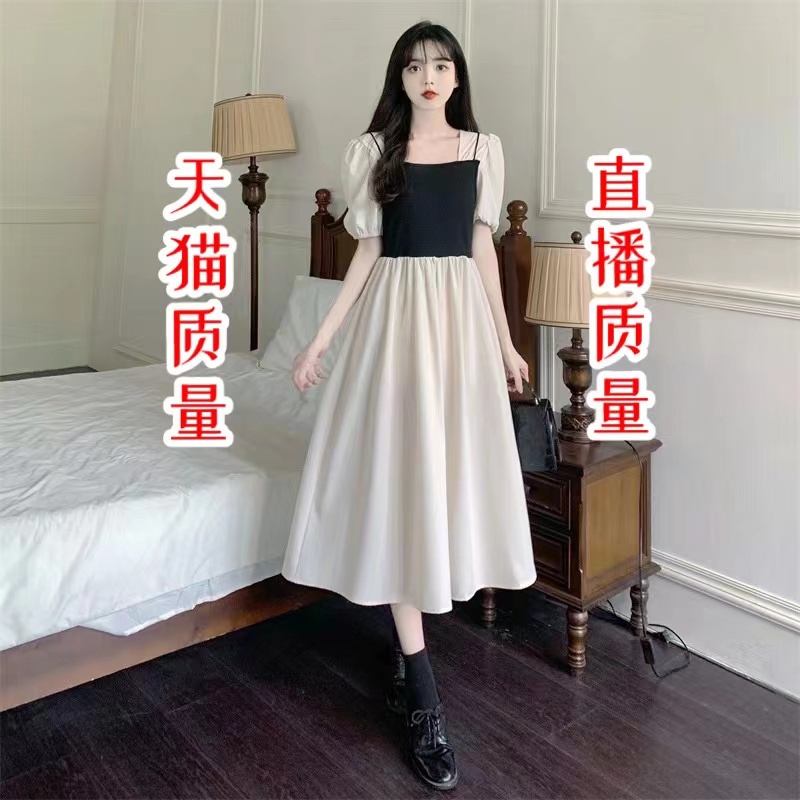 2024夏季新款小個子短袖復古方領假兩件氣質連衣裙設計感收腰長裙