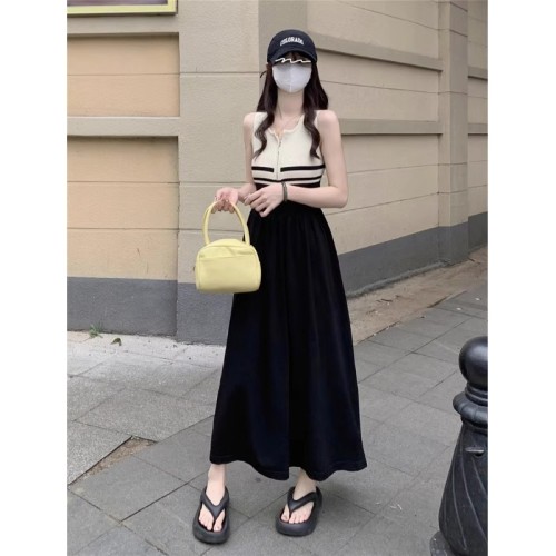 French gentle style splicing zipper sleeveless striped dress women's summer waist slimming long skirt vest skirt