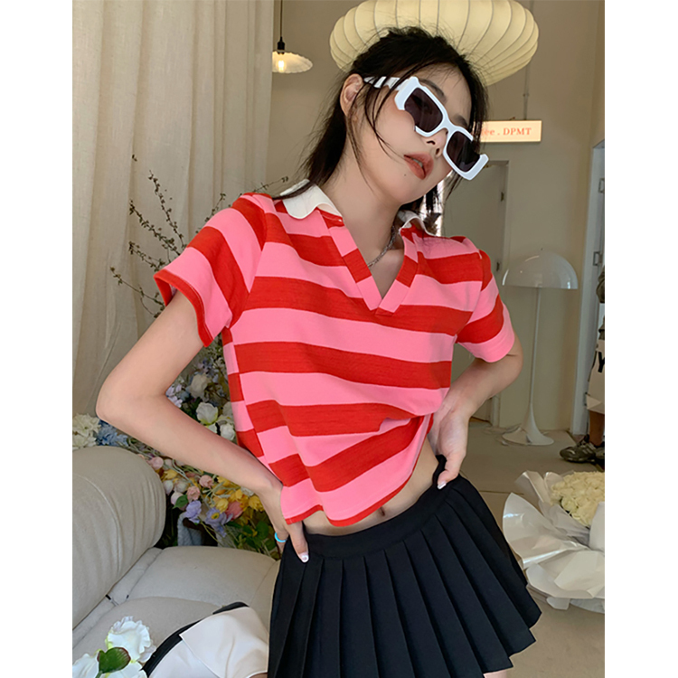 polo領拼色條紋短袖T恤女夏季韓版2024新款ins顯瘦設計感小眾上衣