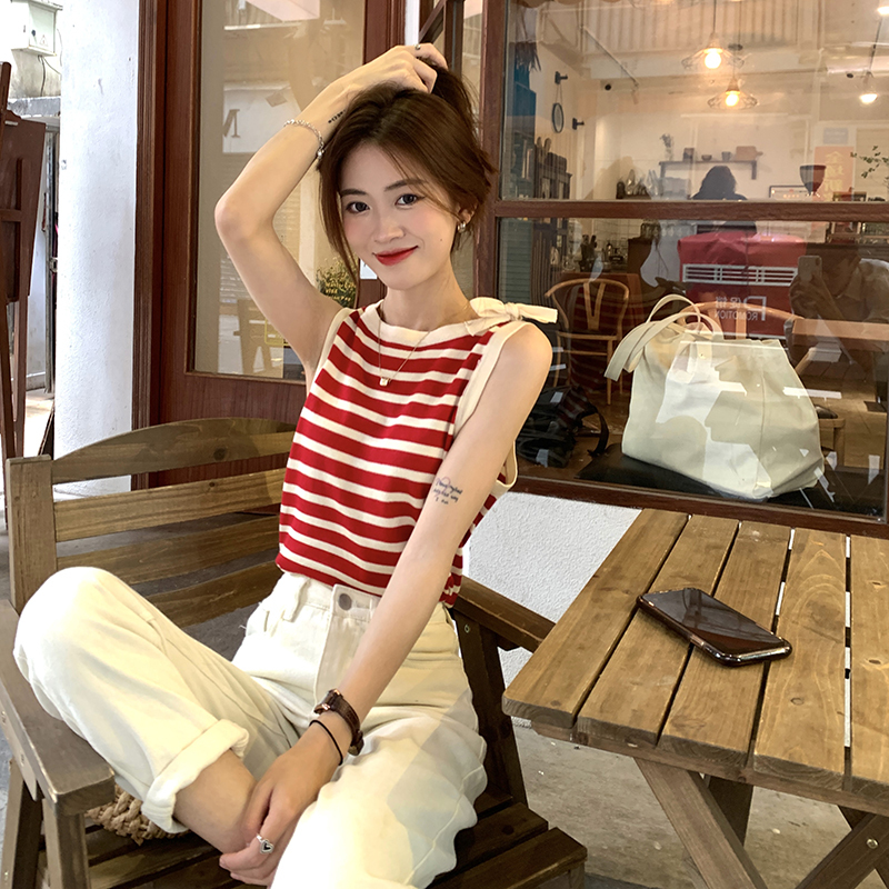 法式條紋小吊帶背心女內搭設計感小眾外穿修身打底衫辣妹上衣ins